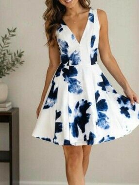 Lulu's Seeing Chic Blue Ivory White Floral Skater Dress Mini V-Neck Size Small